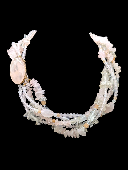 Vintage Genuine Rose Quartz, Spinel, Jade and Crystal 5 Strand 18k Vermeil Necklace