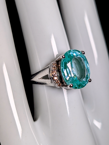 Vintage Large Oval Cut Genuine Sky Blue Topaz Solitaire with Simulated Diamonds Sterling Silver Statement Ring