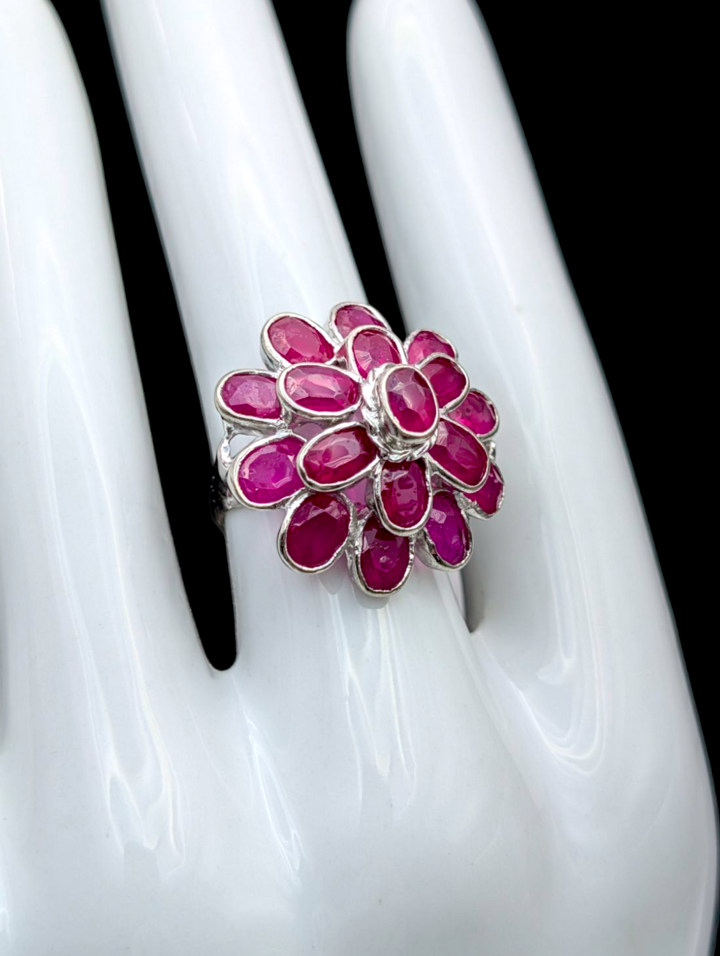 Vintage 11 Carat Bezel Set Earth Mined Genuine Ruby Cluster Ballerina 18k White Gold Plated Statement Ring
