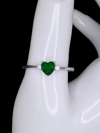Vintage Inspired Heart Cut Simulated Emerald Solitaire Dainty Silver Toned Ring