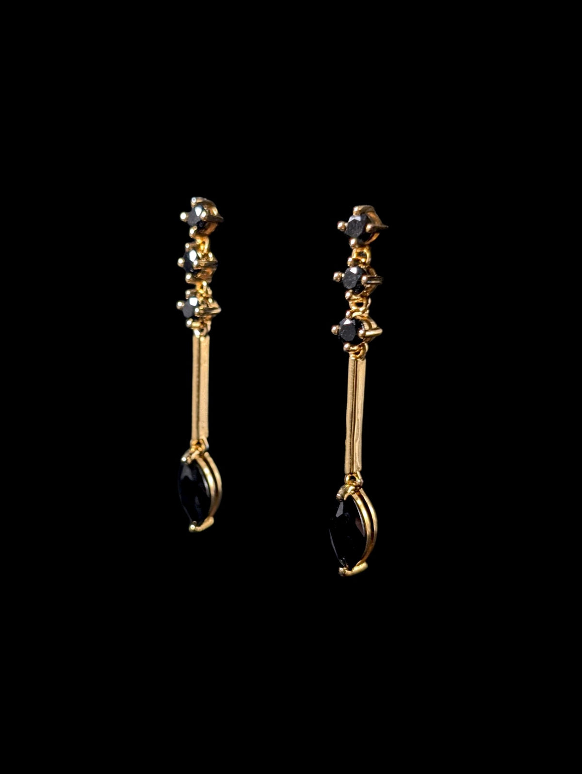 Vintage Marquise Cut Genuine Black Onyx Gold over Sterling Drop Earrings