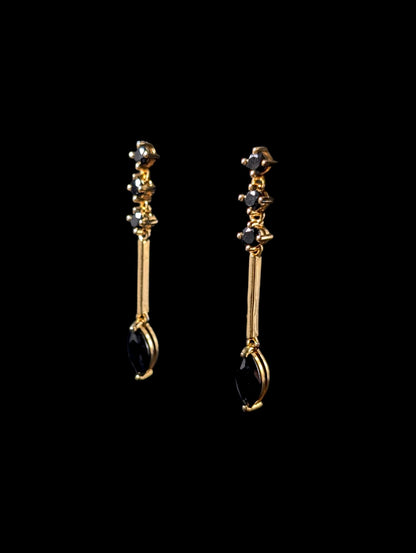 Vintage Marquise Cut Genuine Black Onyx Gold over Sterling Drop Earrings