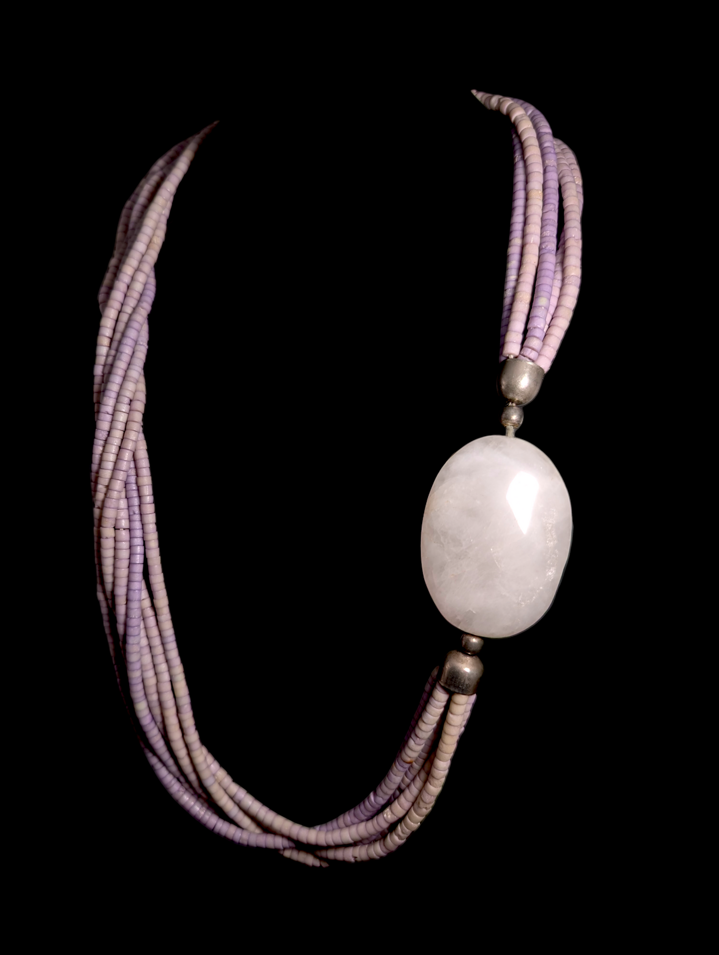 Vintage Hand Beaded Genuine Quartz and Purple Clam Shell Heishi Sterling Silver Necklace