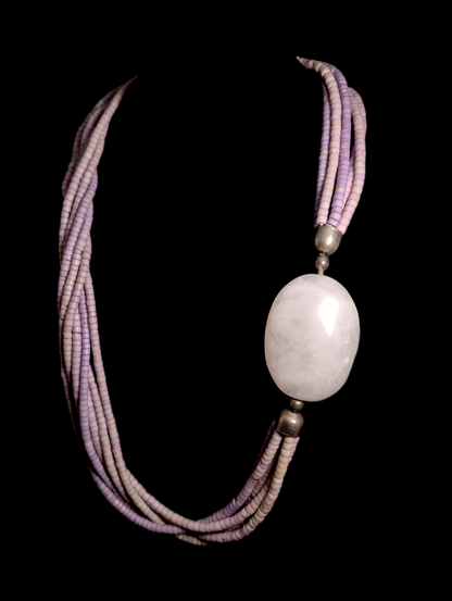 Vintage Hand Beaded Genuine Quartz and Purple Clam Shell Heishi Sterling Silver Necklace