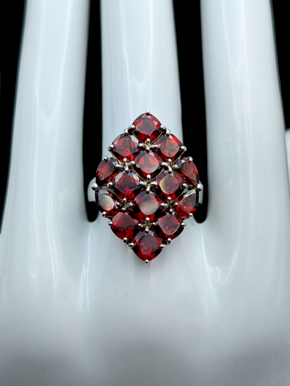 Vintage 9+ Carat Genuine Mozambique Red Garnet Cluster Rhodium over Sterling Silver Ring