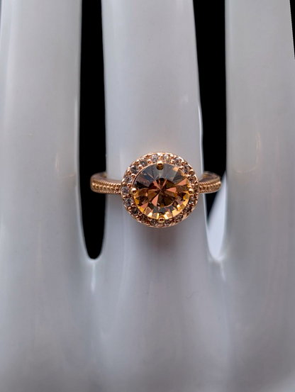 Vintage Round Brilliant Cut Simulated Citrine Solitaire and Simulated Diamond Halo Rose Gold Toned Ring