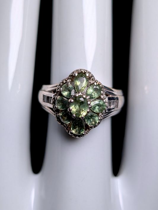 Vintage Cluster Genuine Green Apatite with White Zircon Accent Stones Sterling Silver Ring