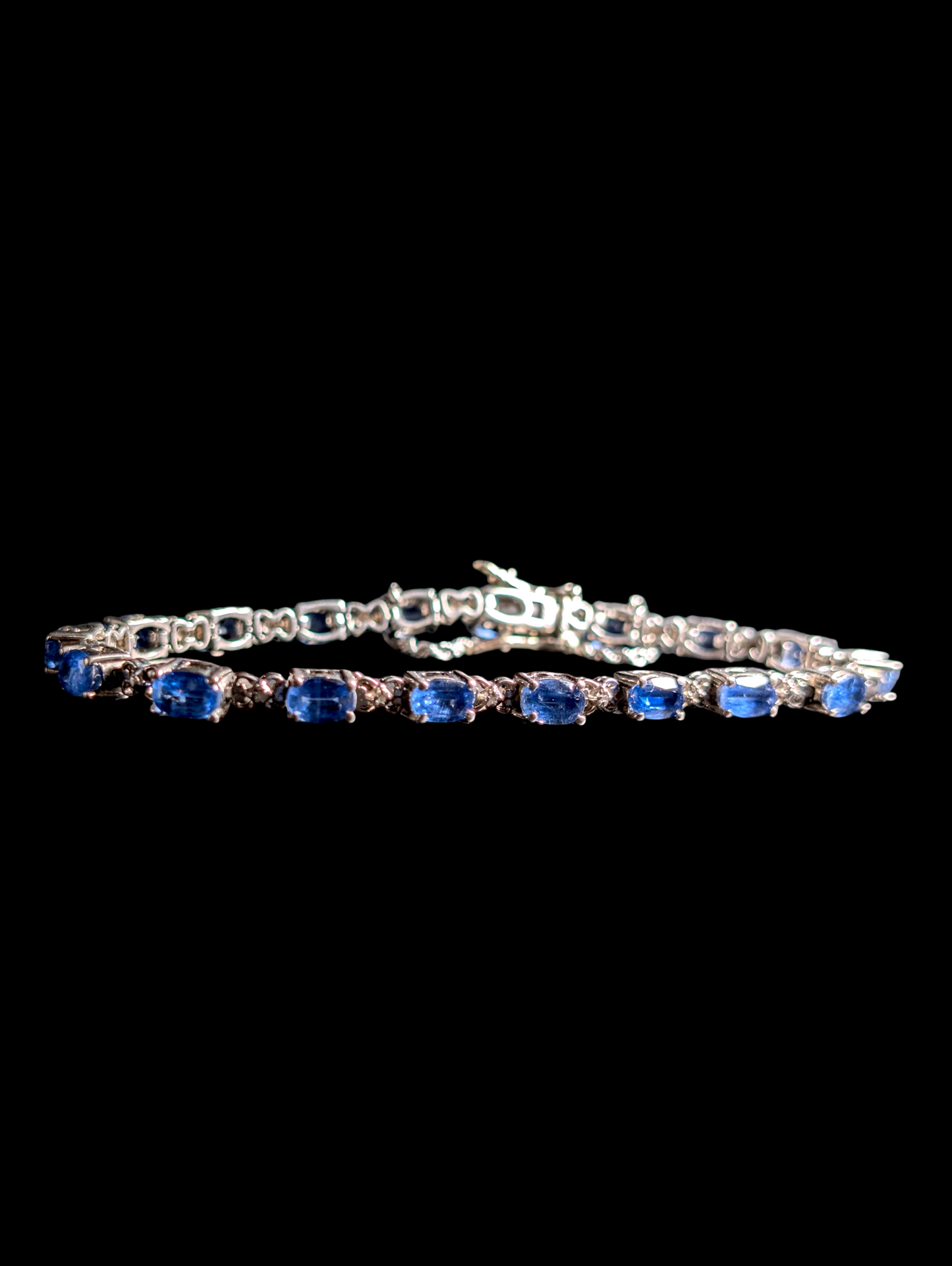 Vintage 7+ Carat Oval Cut Genuine London Blue Topaz Sterling Silver Tennis Bracelet with 14k White Gold Safety Chain
