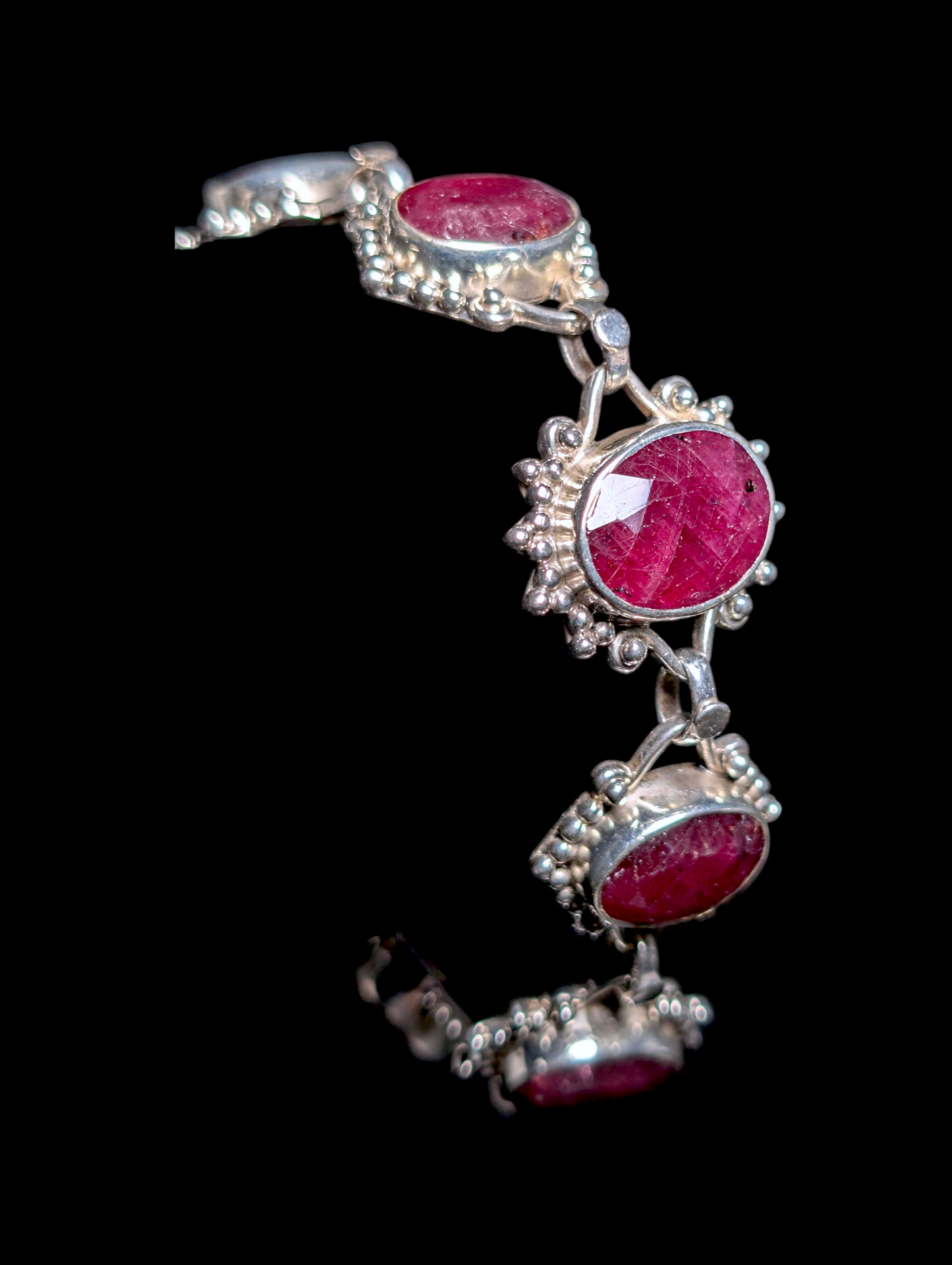 Vintage 50 Carat Artisan Oval Cut Genuine Earth Mined Ruby Sterling Silver Studded Toggle Bracelet