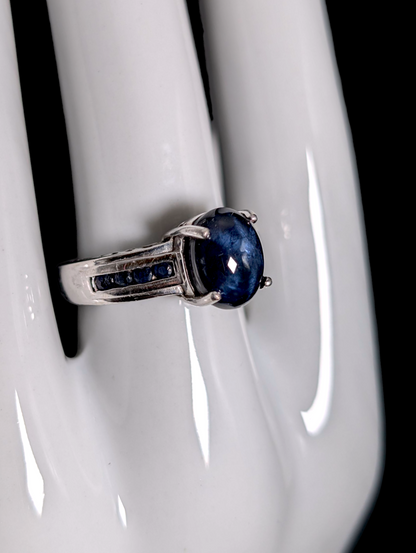Vintage 4 Carat Cabochon Cut Earth Mined Genuine Star Sapphire Solitaire with Sapphire Accent Stones Sterling Silver Ring