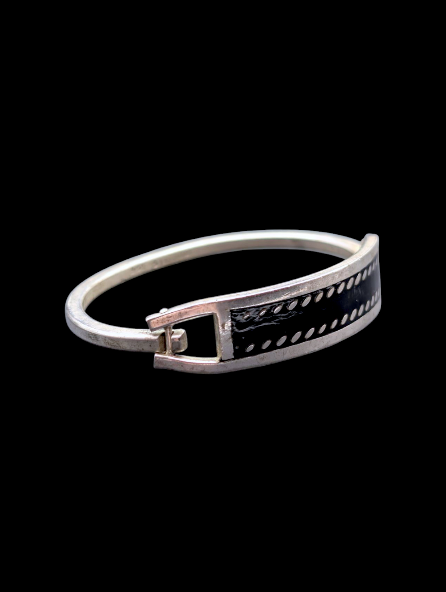 Vintage Black Onyx Enamel Taxco Solid Sterling Silver Hinge Bracelet