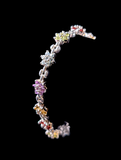 Vintage Flower Genuine Multi Gemstone Sterling Silver Tennis Bracelet