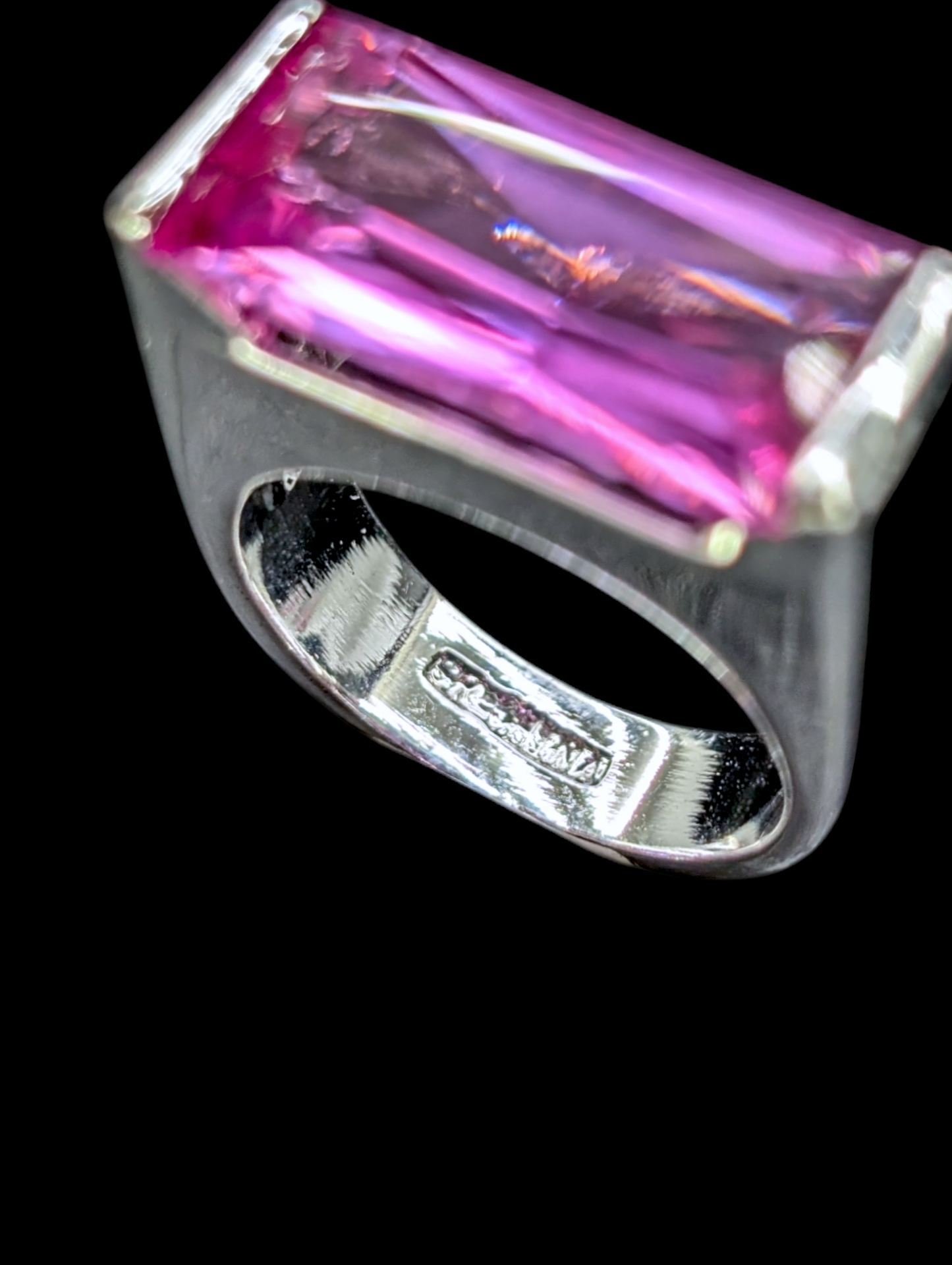 1980s 16 Carat East West Baguette Cut Genuine Pink Sapphire Solitaire Silver Ring