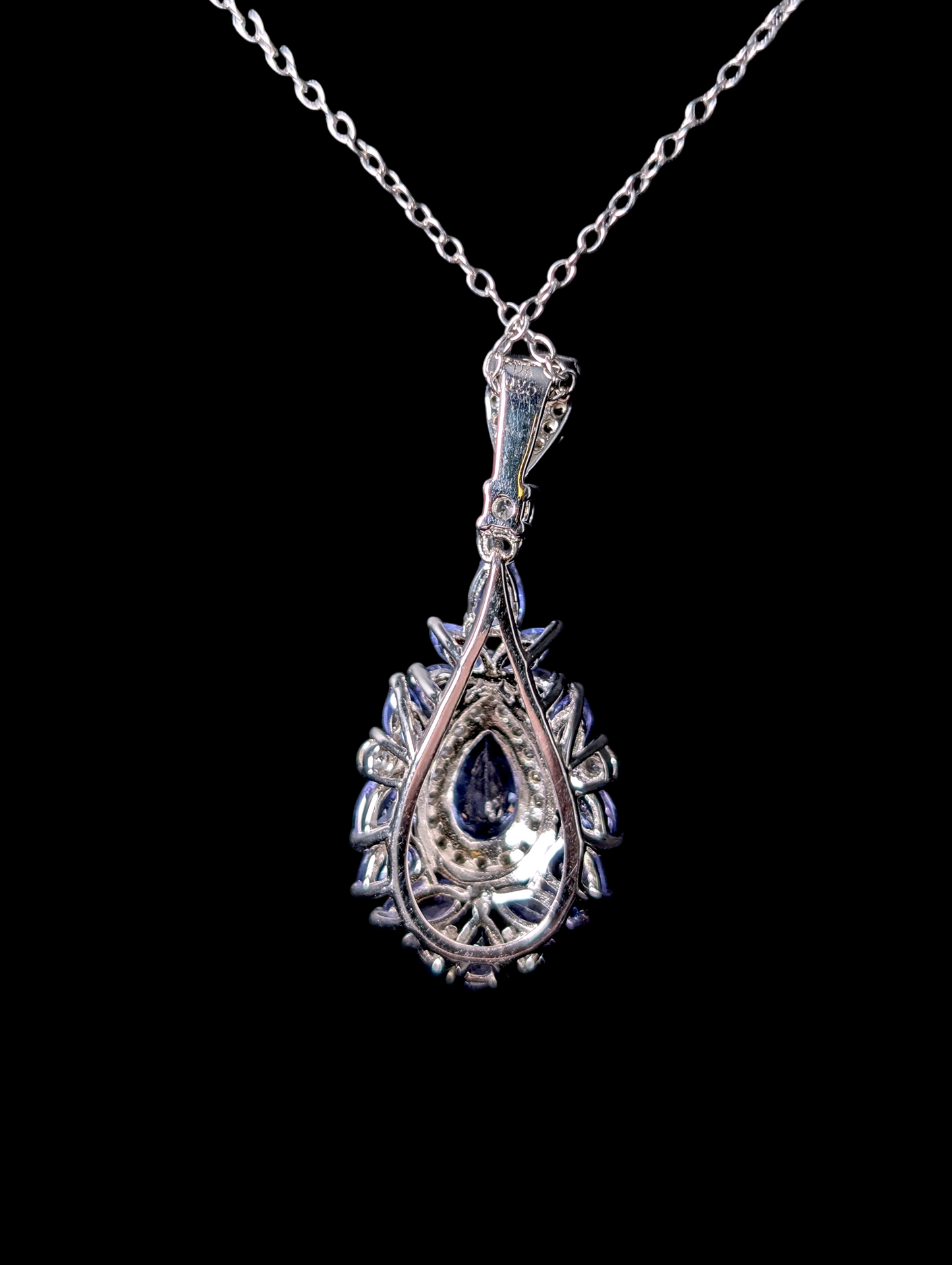 Vintage Earth Mined Genuine Tanzanite and White Zircon Sterling Teardrop Pendant and Sterling Silver Chain Necklace