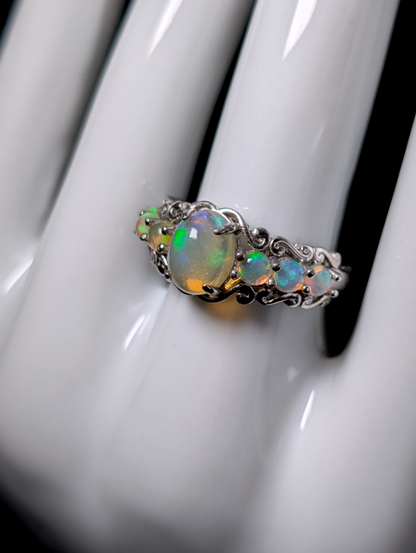 Vintage Fantasy Cabochon Cut Genuine Jelly Opal Sterling Silver Filigree Ring