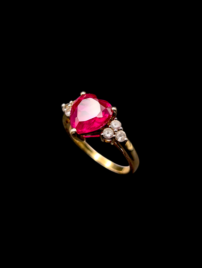 Vintage Genuine Red Ruby Heart with White Sapphire 14k Yellow Gold Vermeil Ring