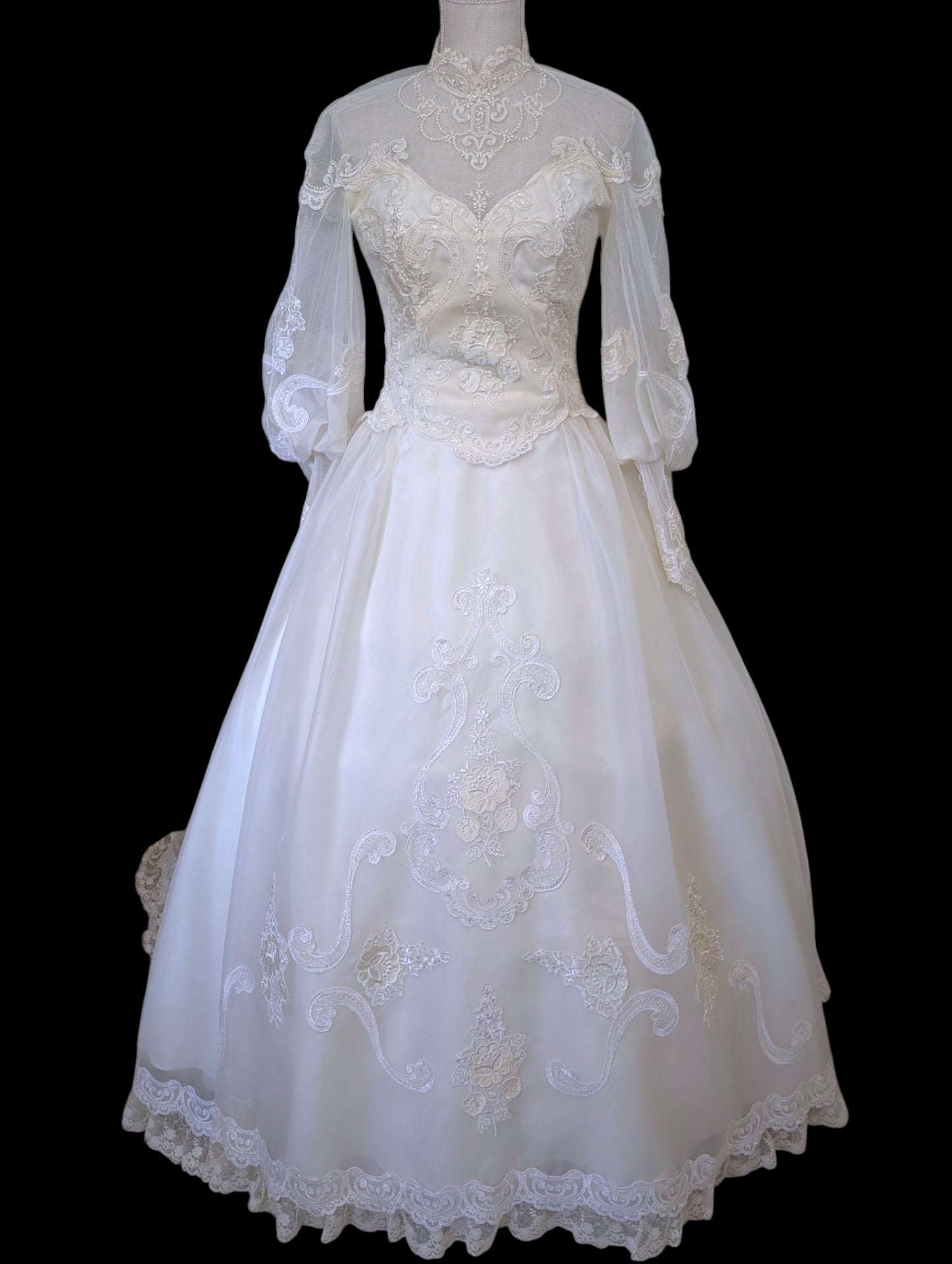 Vintage 1980s Victorian Revival Pearl and Sequin Beaded with Mutton Sleeves Wedding Dress