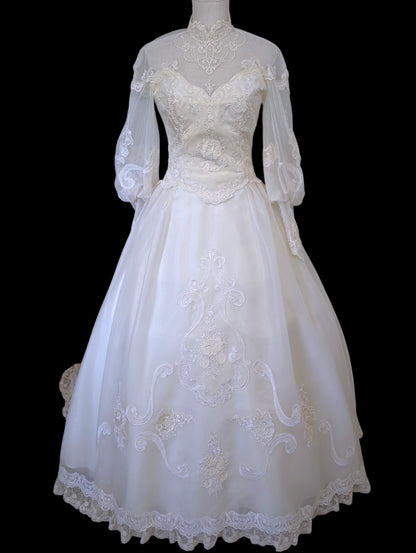 Vintage 1980s Victorian Revival Pearl and Sequin Beaded with Mutton Sleeves Wedding Dress