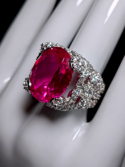 Vintage Georgian Inspired Large Genuine Pink Sapphire and Simulated Diamond Statement Cocktail Sterling Silver Ring