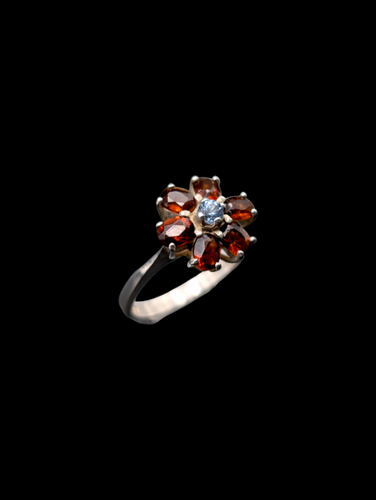 Vintage Flower Genuine Hessonite Garnet with Aqua Center Sterling Silver Ring