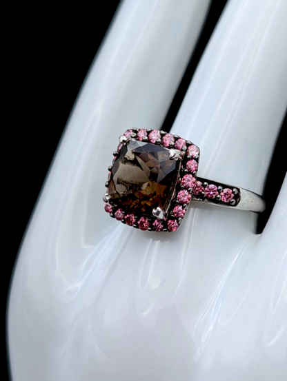 Vintage Cushion Cut Genuine Smoky Quartz and Simulated Pink Sapphire Sterling Silver Ring