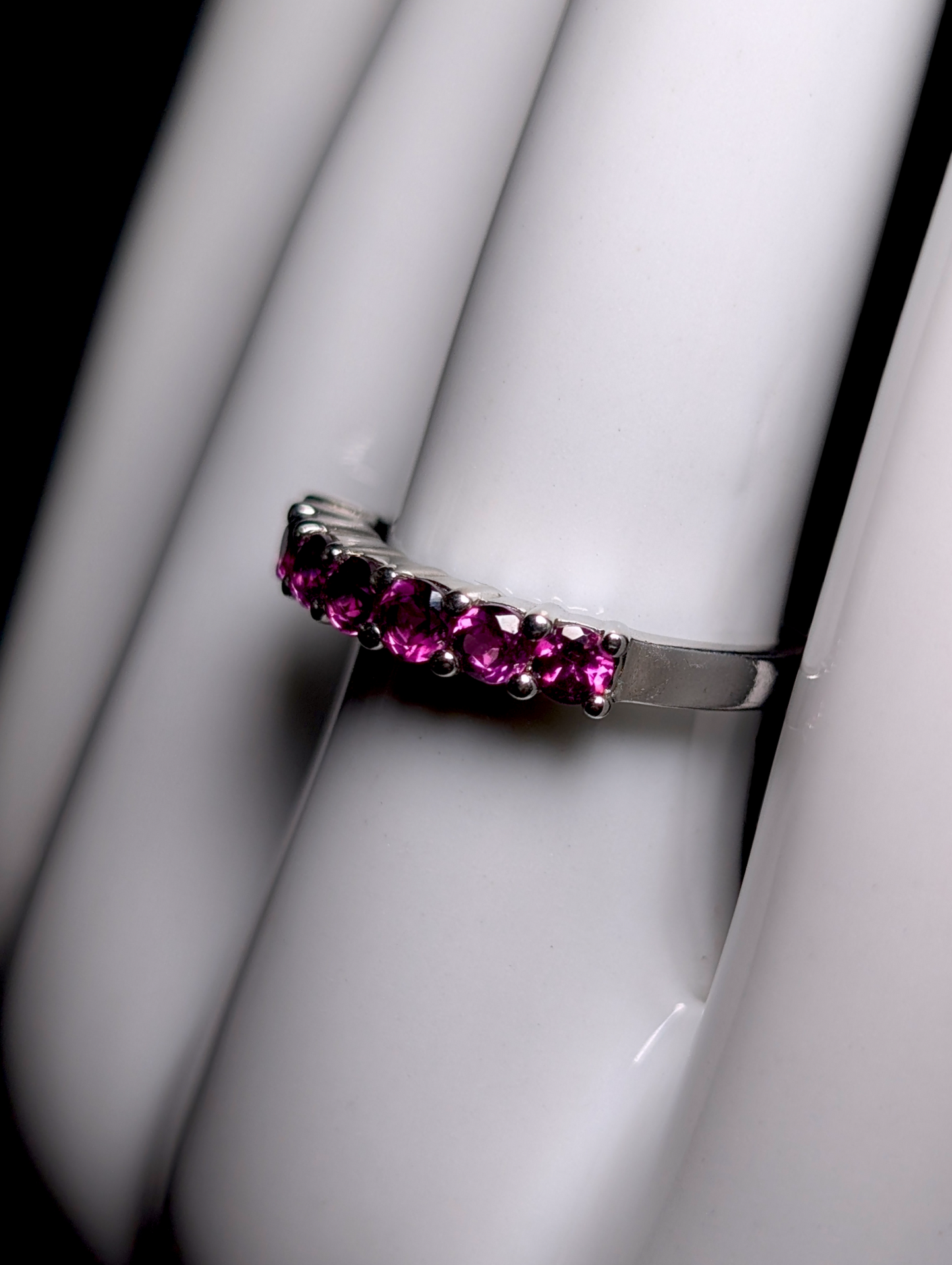 Vintage Half Eternity Band Round Cut Genuine Rhodolite Garnet Sterling Silver Ring