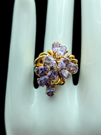 Vintage Flower Cluster Simulated Amethyst and Simulated Diamond Accented Gold Tone Statement Ring