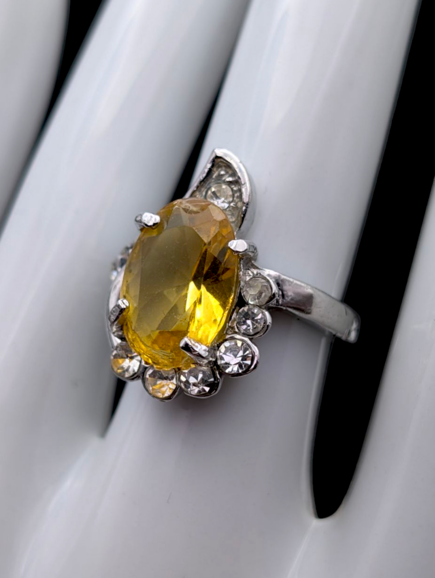 Vintage Unique Simulated Citrine and Simulated Diamond Accented Silver Toned Statement Ring
