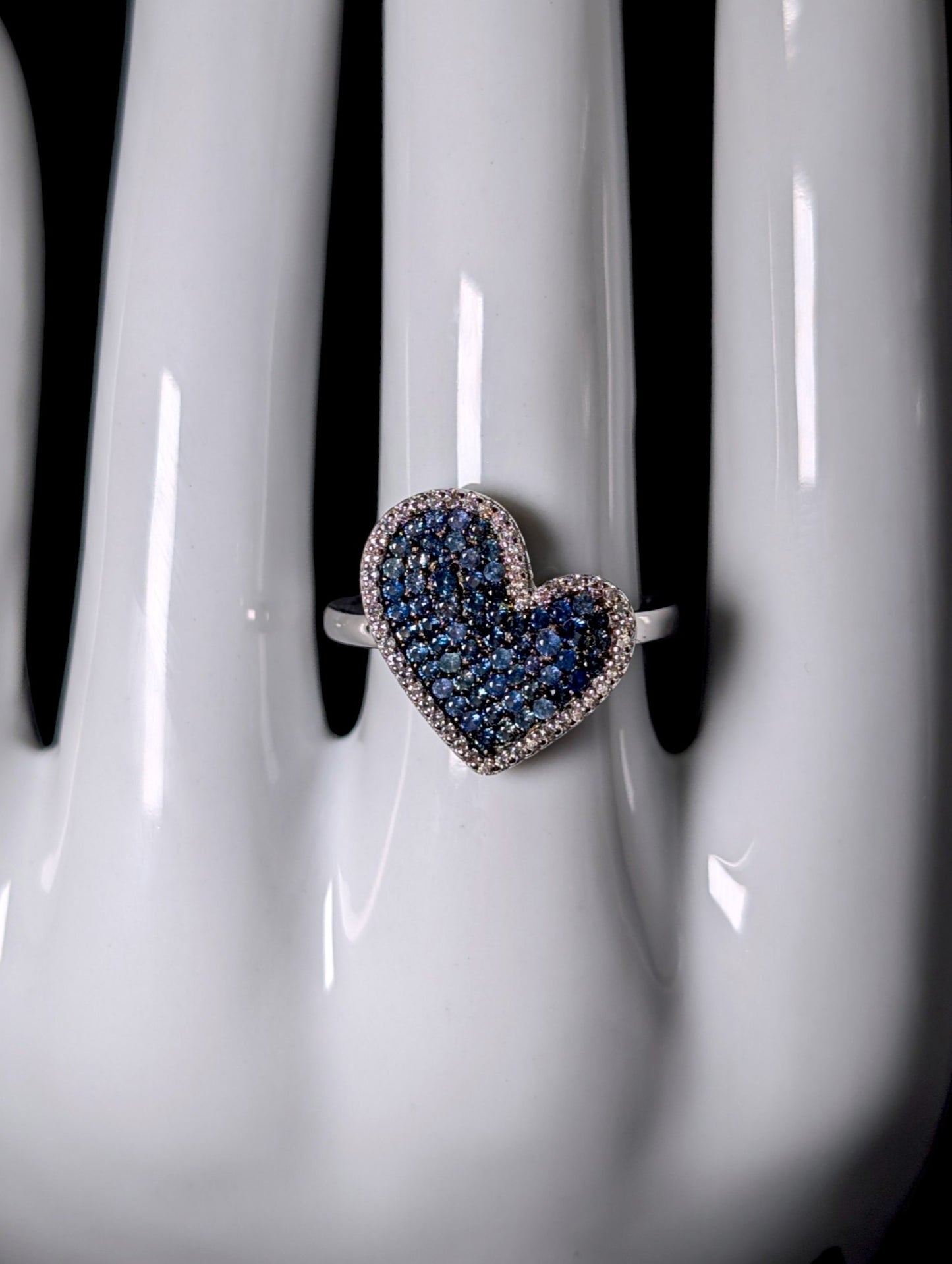 Vintage Genuine Blue Sapphire and White Topaz Halo Heart Sterling Ring