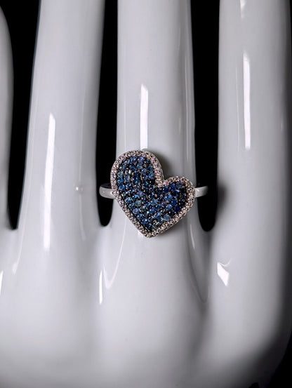 Vintage Genuine Blue Sapphire and White Topaz Halo Heart Sterling Ring