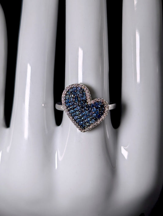 Vintage Genuine Blue Sapphire and White Topaz Halo Heart Sterling Ring