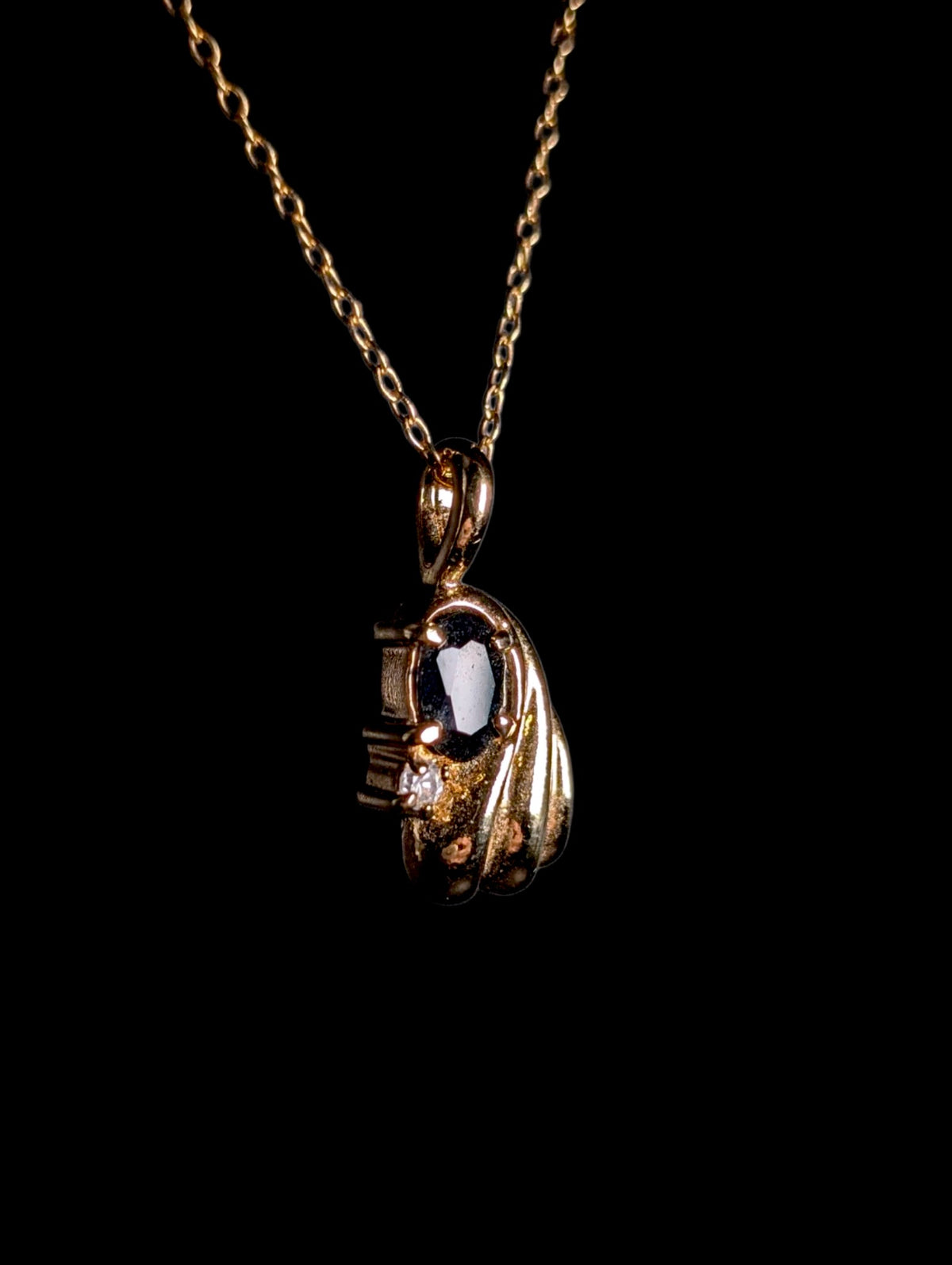 Vintage Oval Cut Genuine Midnight Blue Sapphire and Simulated Diamond 14k Yellow Gold over Sterling Pendant