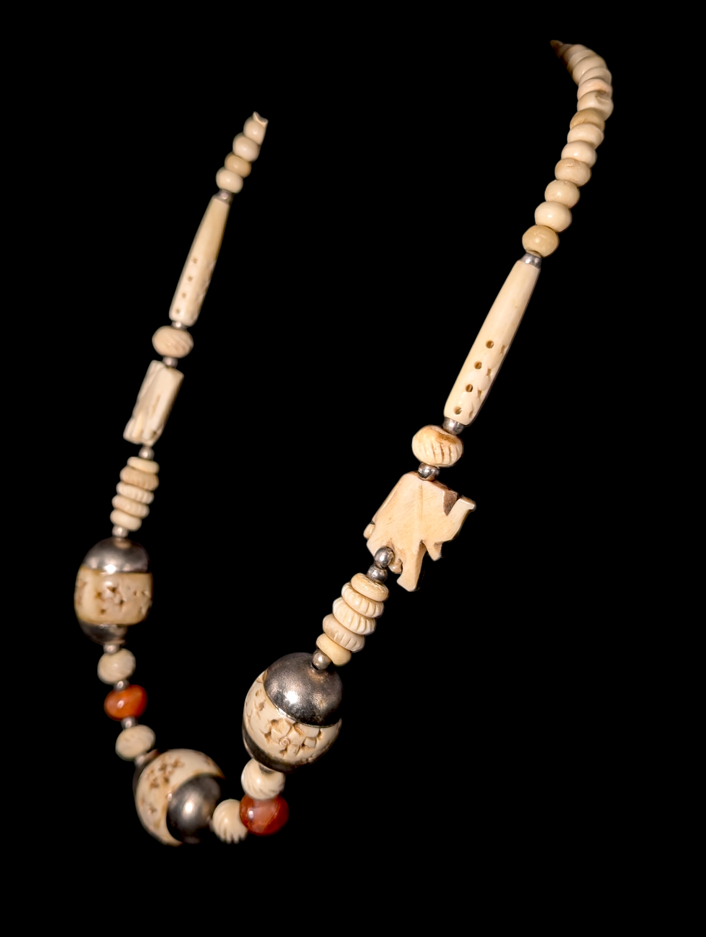 Vintage Genuine Carnelian and Carved Ivory Bone Elephant Silver Toned Tribal Necklace