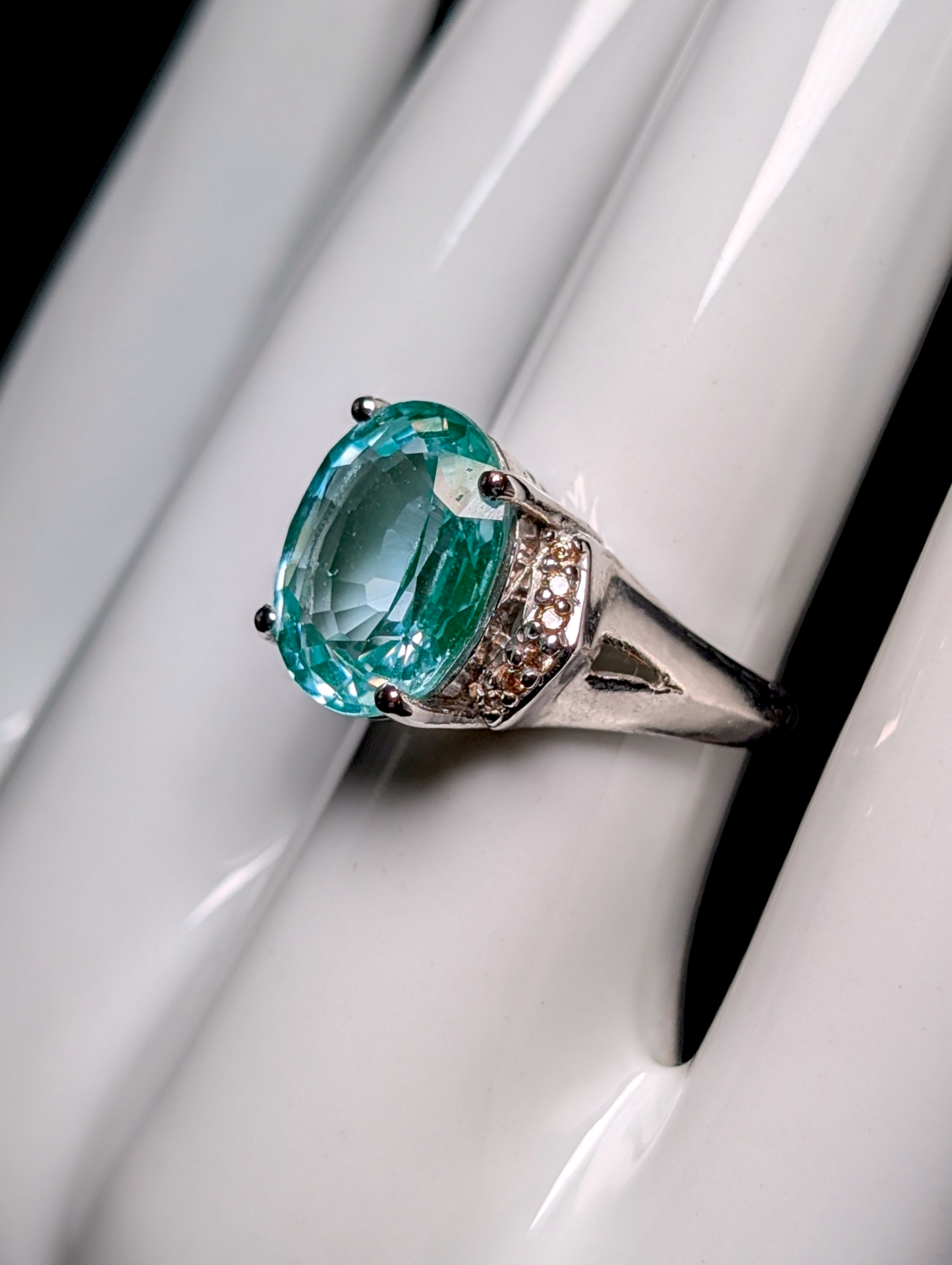 Vintage Large Oval Cut Genuine Sky Blue Topaz Solitaire with Simulated Diamonds Sterling Silver Statement Ring