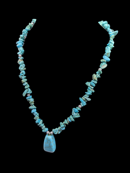 Vintage Raw Genuine Turquoise and Howlite Chip and Pendant Southwest Style Gemstone Necklace