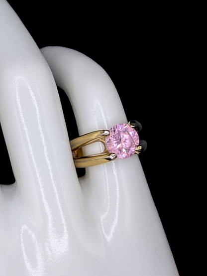 Vintage Round Brilliant Cut Simulated Pink Diamond Solitaire Split Shank Gold Toned Statement Cocktail Ring