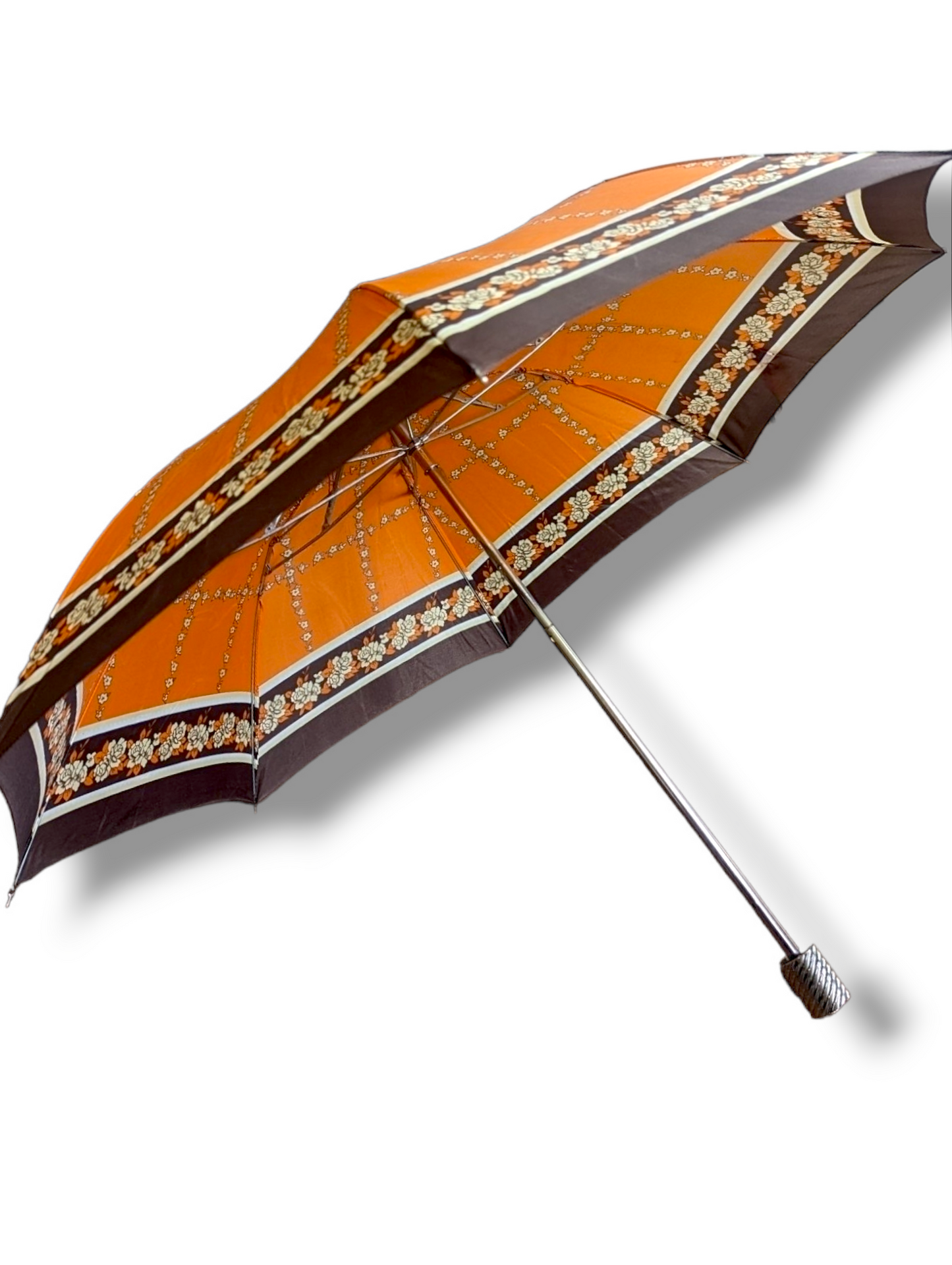 1960s - 1970s Orange and Brown Floral Travel Umbrella with Silver Handle