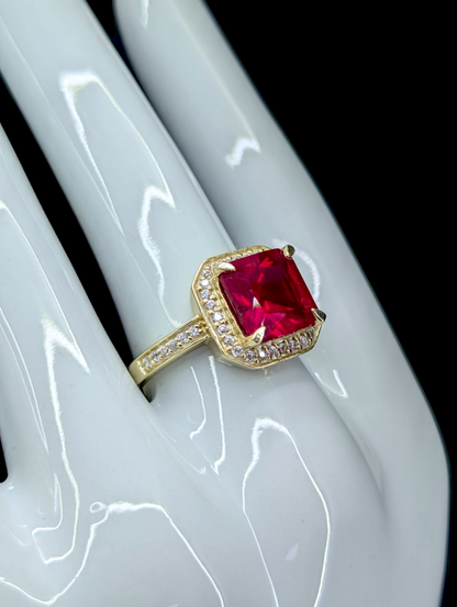 Vintage 5.6 Carat Solitaire Genuine Ruby and Zircon Halo 14k Gold Vermeil Princess Cut Ring