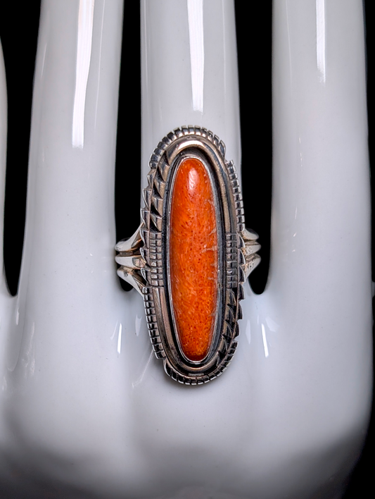 Vintage Stamped Running Bear Navajo Genuine Orange Spiny Oyster Sterling Silver Southwest Handmade Ring