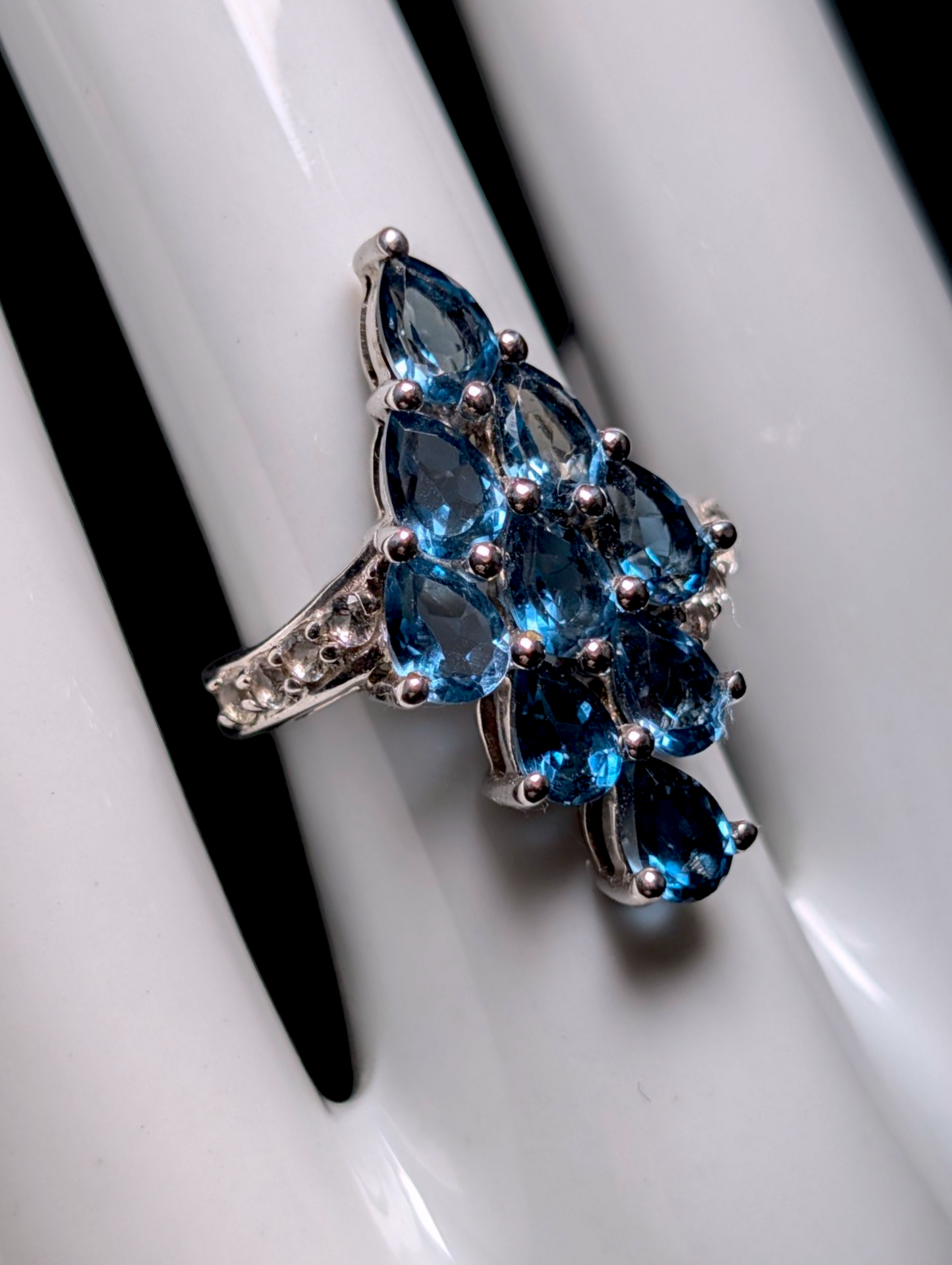 Vintage 4.5 Carat Waterfall Cluster Pear Cut Genuine London Blue Topaz and White Topaz Sterling Silver Ring