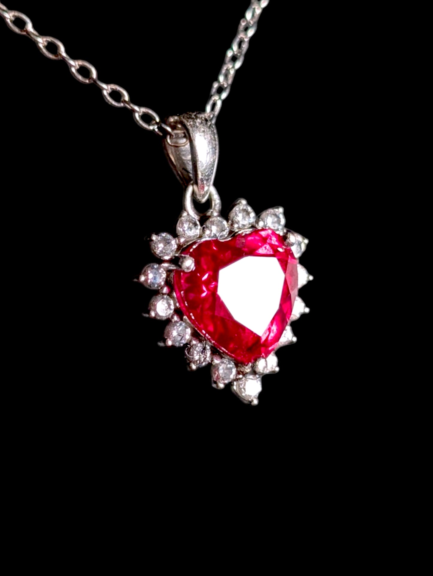 Vintage Genuine Ruby Heart, Simulated Diamond Halo Sterling Silver Pendant