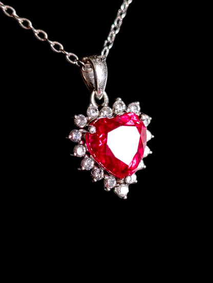 Vintage Genuine Ruby Heart, Simulated Diamond Halo Sterling Silver Pendant