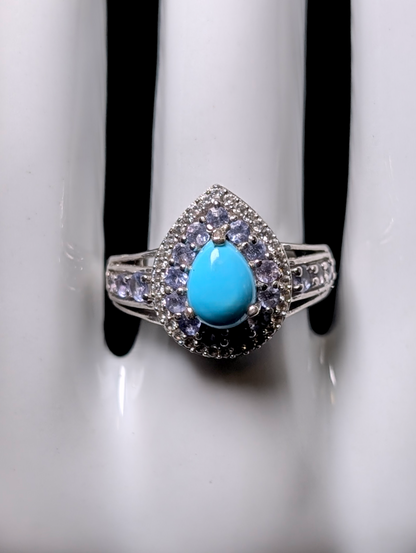 Vintage Inspired Genuine Sleeping Beauty Turquoise with White Topaz and Tanzanite Double Halo Sterling Silver Ring