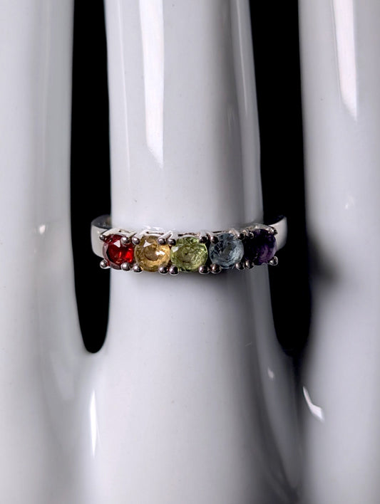 Vintage Multi Stone Genuine Gemstone Sterling Silver Rainbow Band Ring