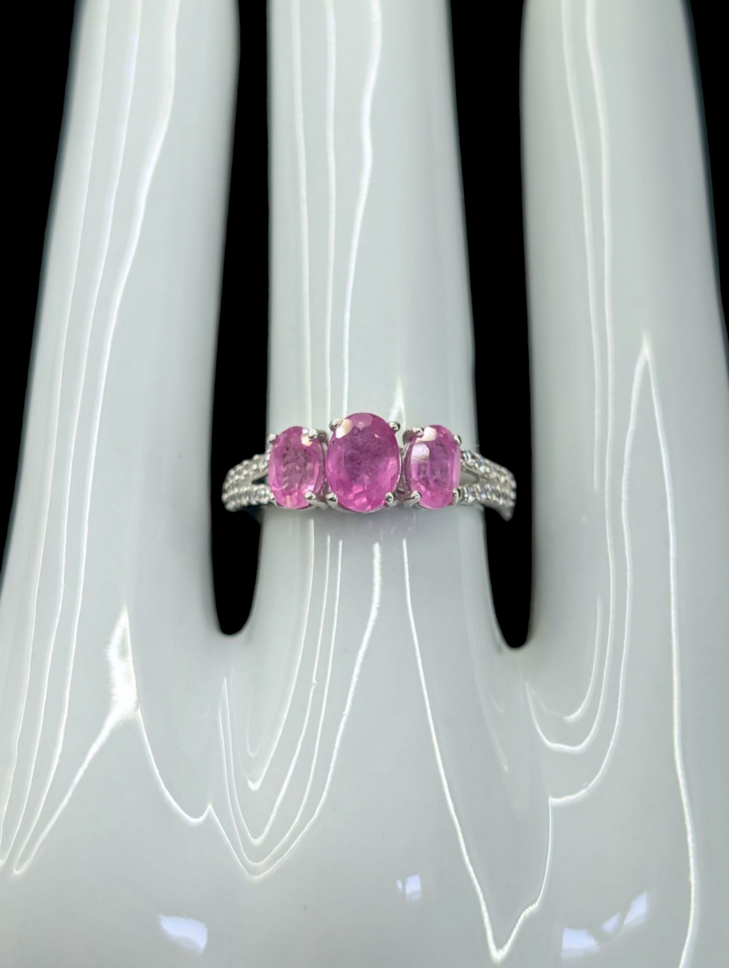 Vintage Three Stone Genuine Ruby and White Topaz Split Shank Sterling Silver Ring