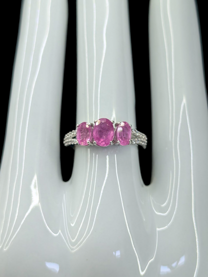 Vintage Three Stone Genuine Ruby and White Topaz Split Shank Sterling Silver Ring