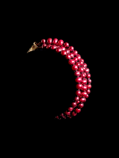 Vintage 3 Piece Set Genuine Cranberry Red Pearls Multi Strand 14k Gold Filled Necklace, Bracelet and Earrings Set