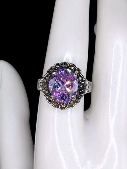Vintage Inspired Oval Cut Purple Sapphire Solitaire on Gorgeous Ornate Mount Silver Toned Ring