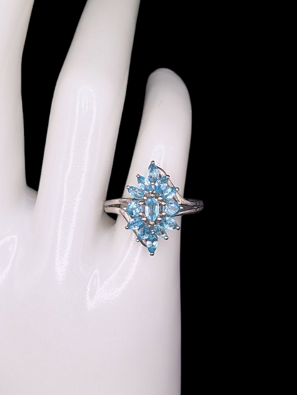 Vintage Marquise Cut Simulated Blue Topaz Flower Sterling Silver Crossover Statement Ring