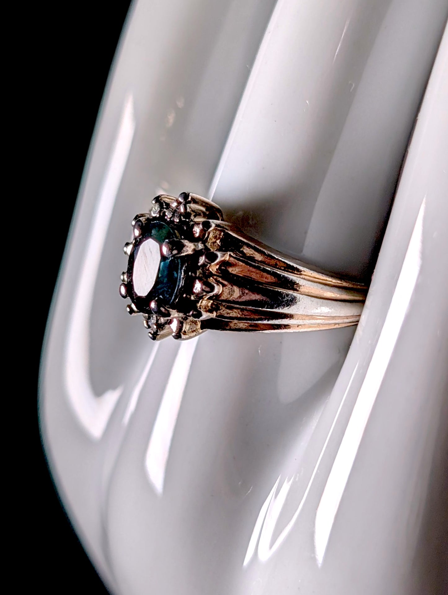 Vintage Genuine Sapphire and Diamond Accented Halo Antique Finish Gold over Sterling Ring